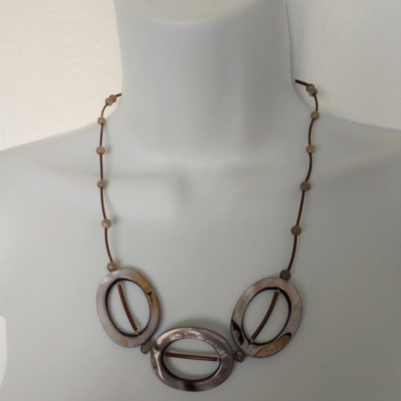 Handmade Gray And Brown Statement Necklace With Shells Agate Copper Plated Tubes - Picture 6 of 16